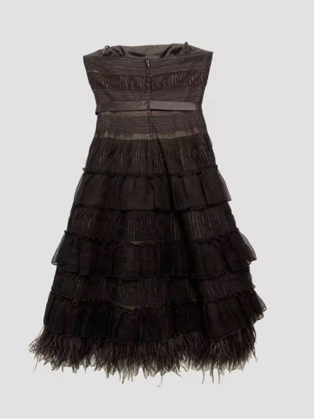 BCBGMaxAzria Black Strapless Tiered Ruffle Cocktail Dress with Satin Waist Tie - Picture 2 of 9